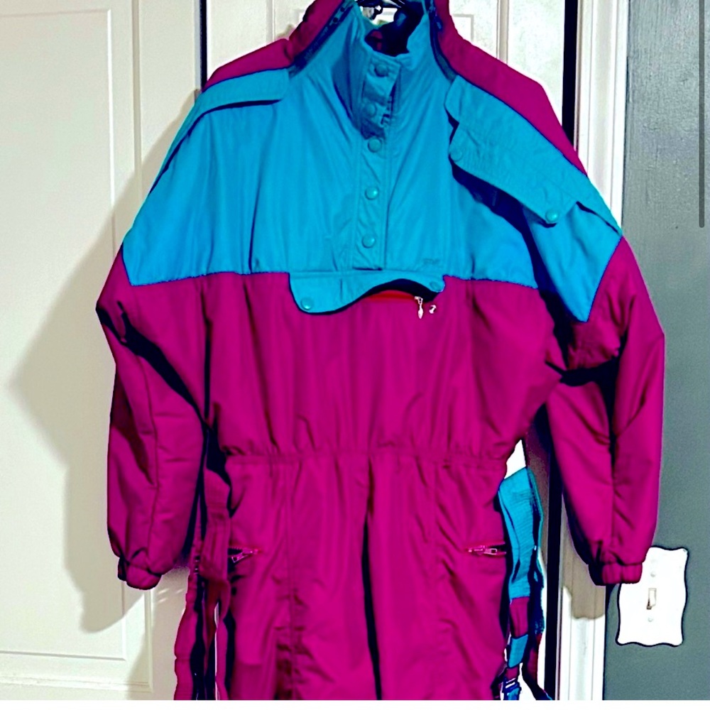 Vintage Serac SKI Suit! Zip- Fold down. Size 10 Womens Arm straps, Bibs snowsuit